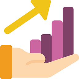 Vector graphic of hand holding a bar graph with arrow going up it.