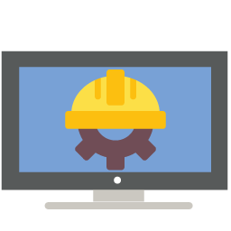 Vector graphic of gear on computer screen wearing safety helmet